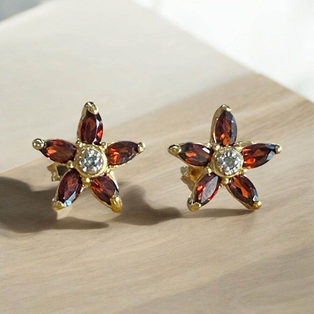 18K Yellow Gold Over Sterling Silver Stud Earrings with Diamonds and Garnet